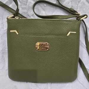 Ralph Lauren Olive Green Pebbled Leather Crossbody with Gold Accents